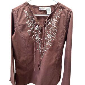 Faded Glory Women Blouse Brown Size Medium (8/10) Front Embroidery Long Sleeves